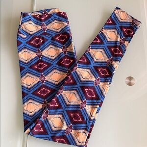 LuLaRoe OS Leggings with Blue and Maroon Diamond Pattern